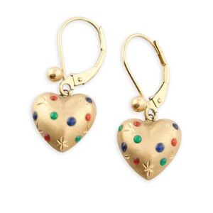 Vintage 14K Gold Puffed Heart Leverback Dangle Earrings Multicolor Enamels Dots